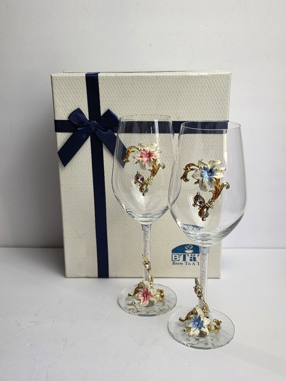 BTaT Fancy Wine Glasses Set of 2 17 oz. Blue & Pink Enamel and Gold Tone Flower